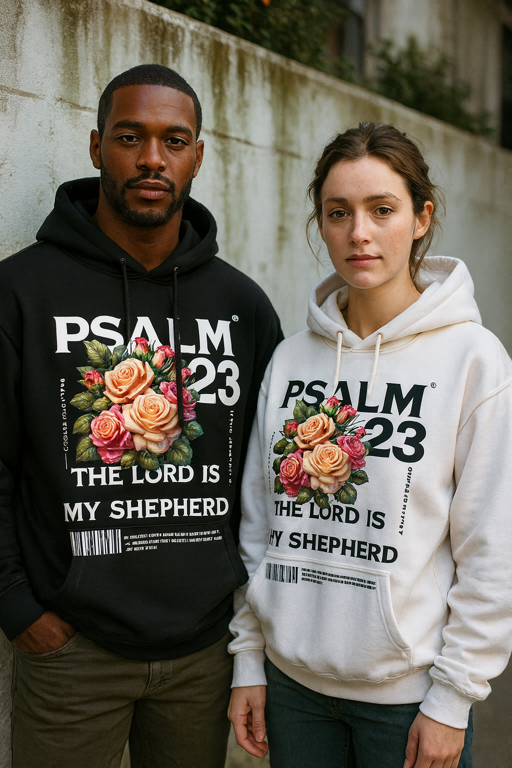 Two people wearing 'Psalm 23' hoodies with floral designs and text.
