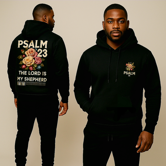 Black hoodie with 'PSALM 23' design on a beige background