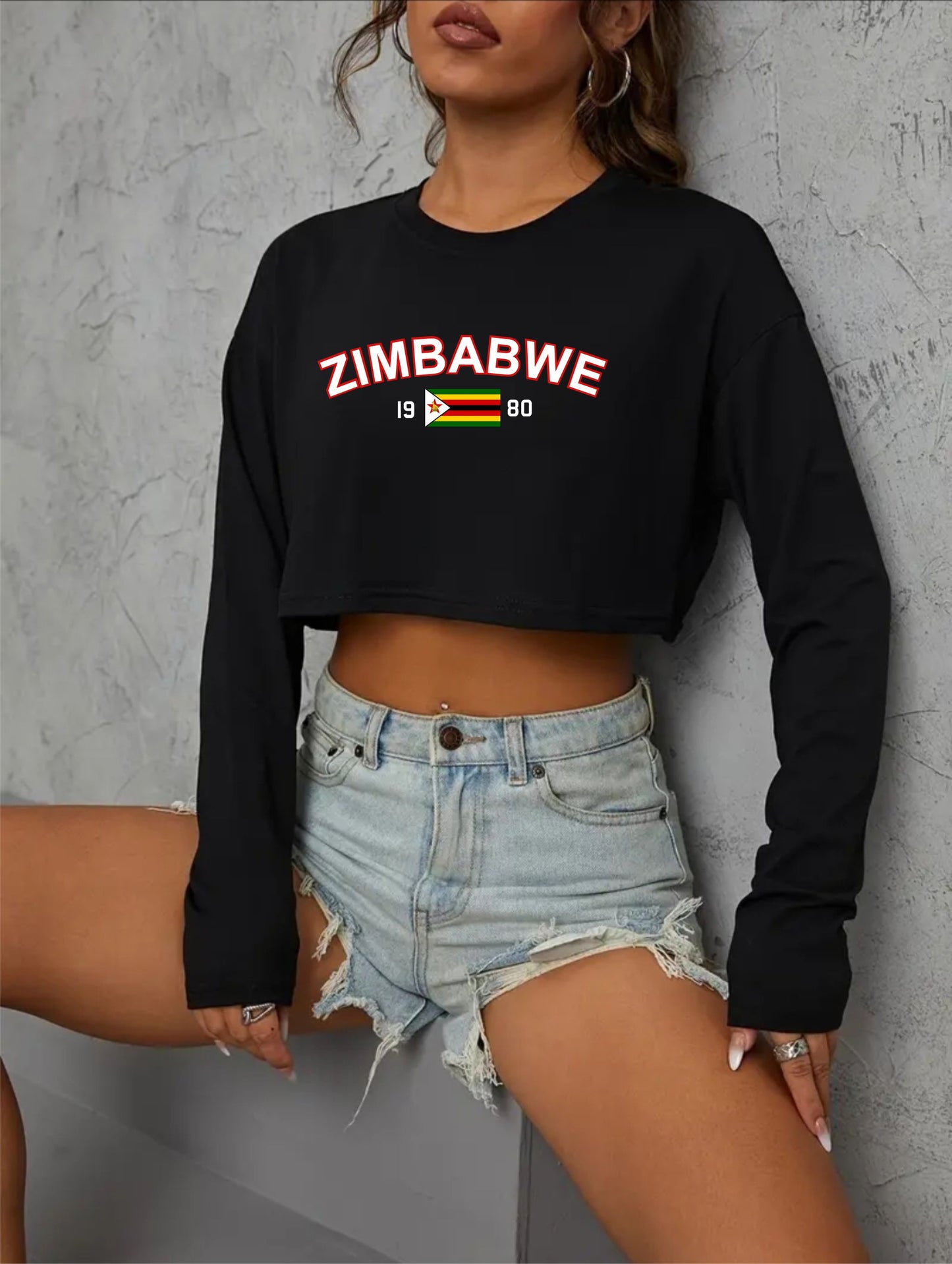 Zimbabwe Long Sleeve Crop Top with Mesh Sleeves