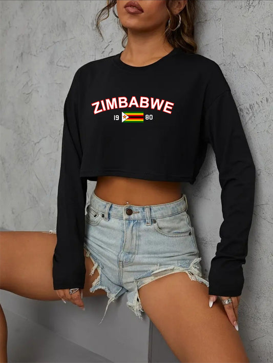 Zimbabwe Long Sleeve Crop Top with Mesh Sleeves